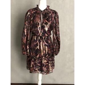 Vince Camuto Metallic Dress Printed Chiffon Fit & Flare Women's Size 6 NEW